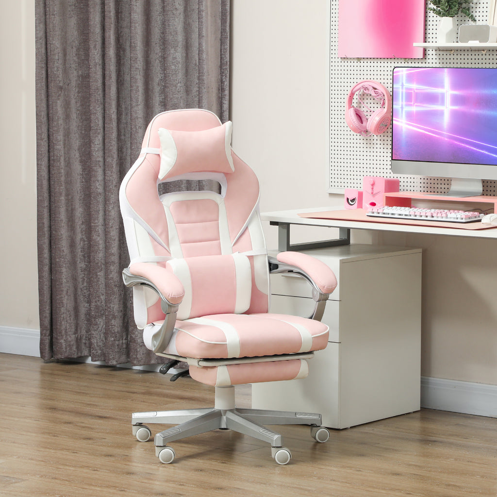 Chaise gaming, fauteuil gaming ergonomique avec repose-pieds, hauteur réglable, dossier inclinable, 63x63x123cm, rose