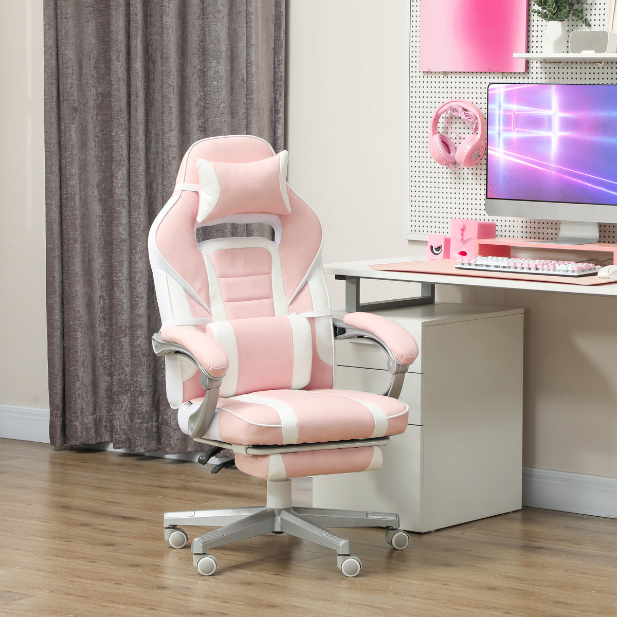 Chaise gaming, fauteuil gaming ergonomique avec repose-pieds, hauteur réglable, dossier inclinable, 63x63x123cm, rose