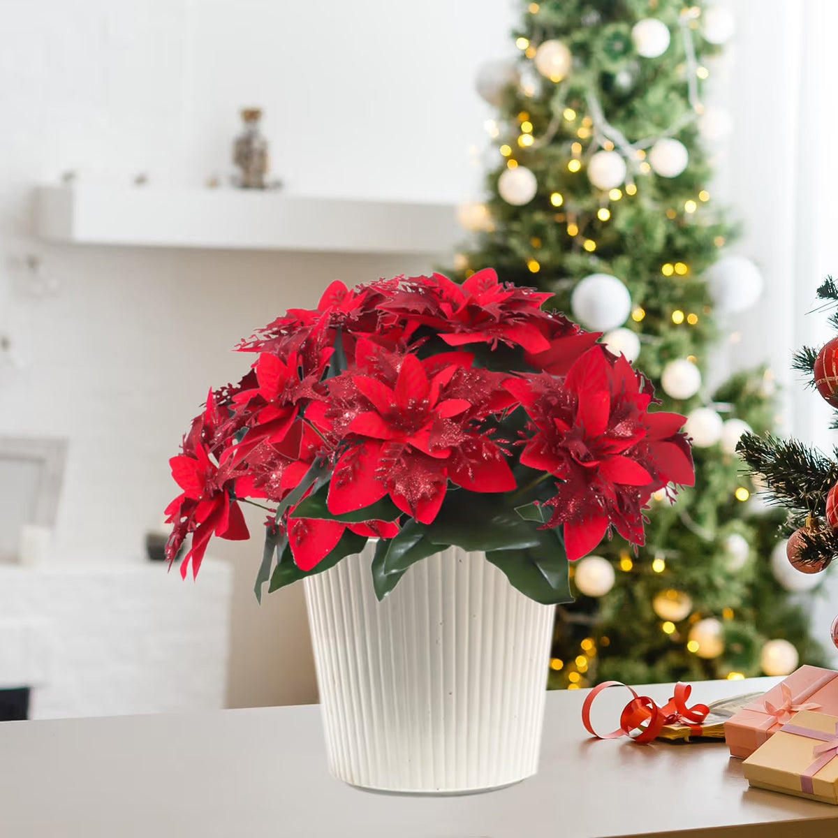 Artificial Red Poinsettia Christmas Flower Arrangement, Holiday Floral Centerpiece with Heart Accent, Perfect Christmas Décor for Home, Office, or Gifts