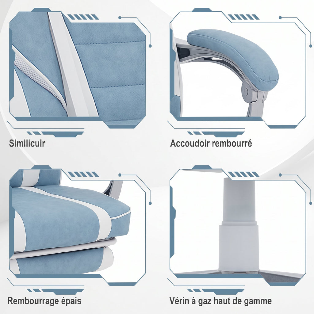 Chaise gaming, fauteuil gaming ergonomique avec repose-pieds, hauteur réglable, dossier inclinable, 63x63x123cm, bleu