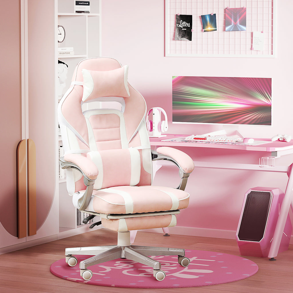 Chaise gaming, fauteuil gaming ergonomique avec repose-pieds, hauteur réglable, dossier inclinable, 63x63x123cm, rose